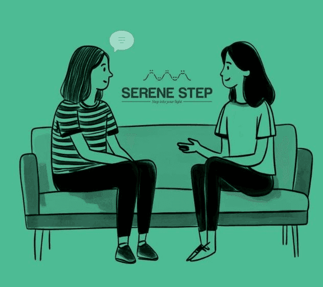 An illustration of two people talking on a sofa