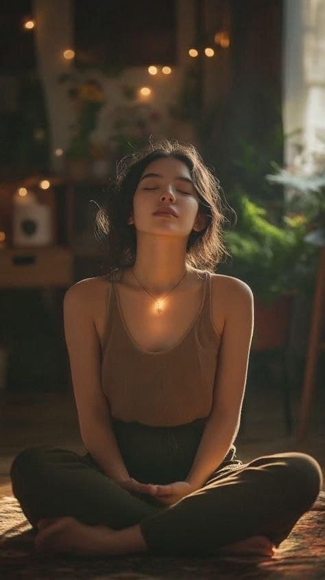 A woman sitting cross-legged with her eyes closed, breathing quietly in warm light